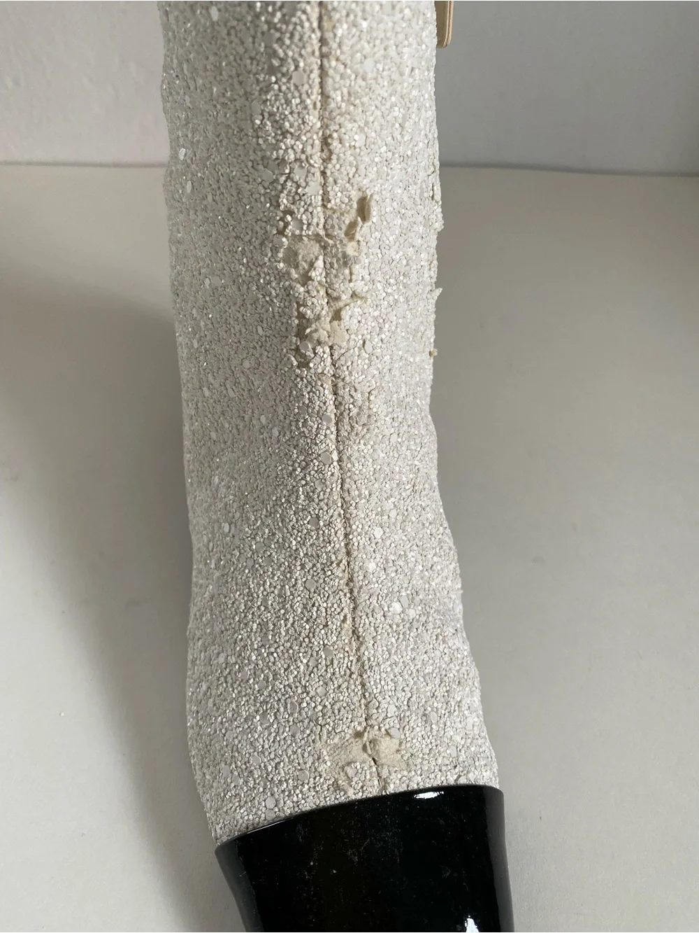 CHANEL White Sequin Ankle Boots with Black Cap Toe. Runway astronaut collection.